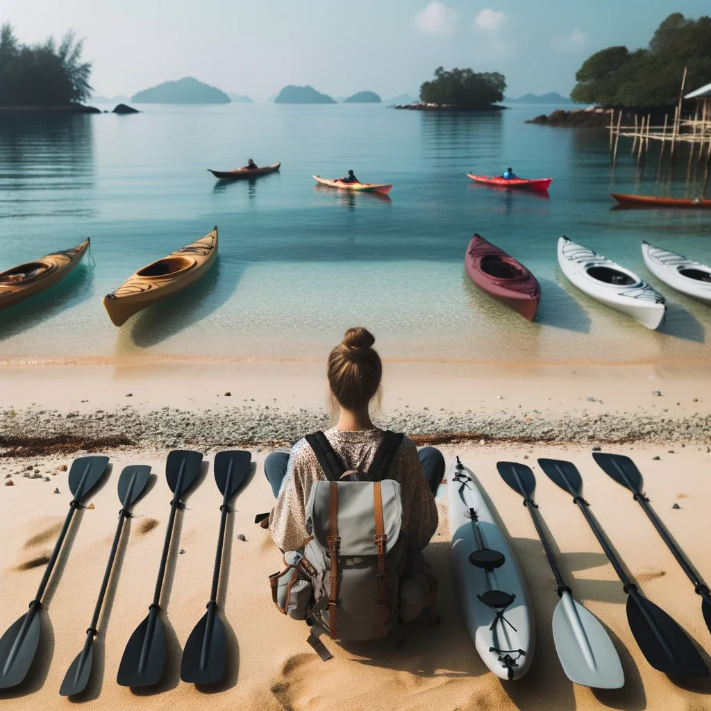Different kayak paddles near a girl