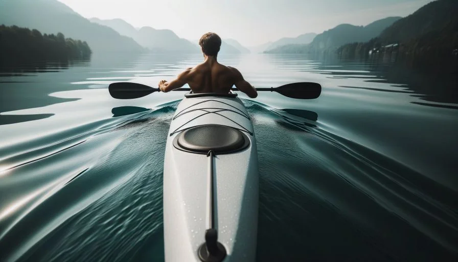 a boy kayaking in serene waters